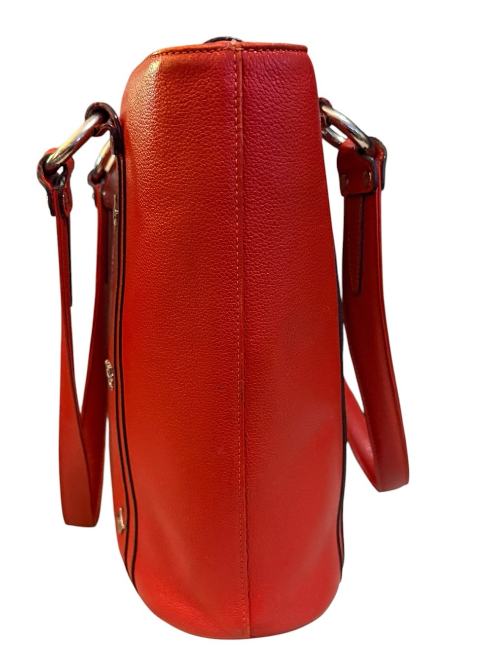 MCM Coral Red Pebbled Leather Studded Tote Bag - Picture 10 of 14